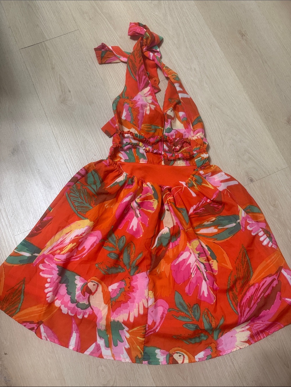 Women Orange Floral Halter Dress - Picture 2 of 5